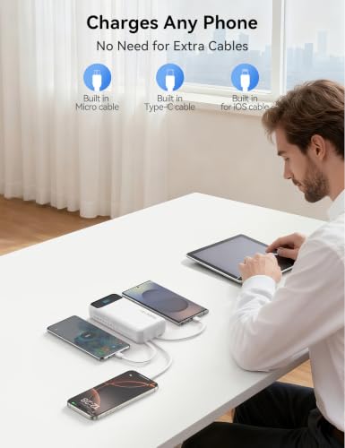 Nusyddy Portable Charger 20000mAh with 4 Built-in Cables & 6 Outputs White - color: Ivory