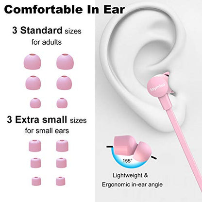 Joymiso Wired Earbuds for School Kids Women Small Ears w Mic and Case, Pink