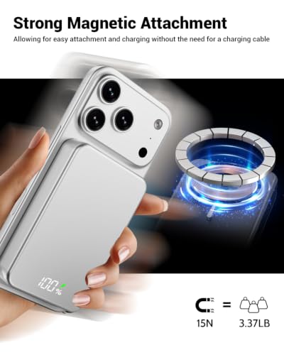 Magnetic Portable Charger for Magsafe Power Bank, 26800mAh 20W PD Large Capacity Aluminum Alloy USB-C in&Out Wireless Fast Charging Battery Pack for iPhone 17Pro Max/16/15/14/13/12 Series, Silver - color: Silver