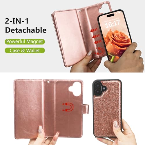 Varikke for iPhone 16 Glitter Case Wallet Magnetic Detachable, Rose Gold - color: (Standard) Rose Gold, size: iPhone 16 6.1"