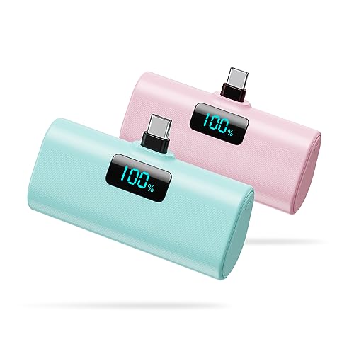 [2-Pack]Portable Charger for iPhone 17/16/15 Series,5200mAh PD USB C Power Bank Built-in USB-C Connector, Battery Pack Compatible with iPhone 17/17 Pro Max/16 Pro/15 Series,Galaxy,Android(Pink+Green) - color: Pink+Green