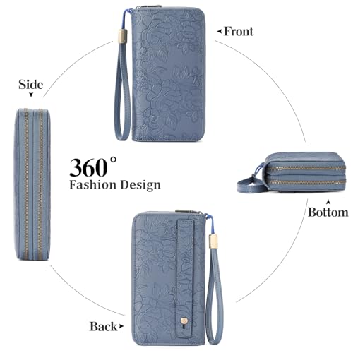 GAEKEAO RFID Leather Wristlet Wallet for Women with Grip Strap | Large capacity clutch wallet, credit card holder, wrist strap, zipper purse, travel and shopping - color: A12 Embossed Ocean Blue-1