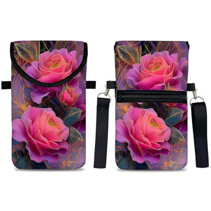 Neoprene Cell Phone Sleeve Pouch Case Bag with Crossbody Strap Neck Lanyard for Women 7.5 X 4.3 in Beautiful Flowers - color: Beautiful Flowers