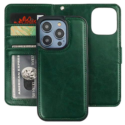 Bocasal Detachable Wallet Case Card Holder for iPhone 14 Pro, Green | RFID Blocking Kickstand Card Slots Holder PU Leather Magnetic Shockproof Wrist Strap Removable Flip Protective Cover 6.1 inch - color: Green