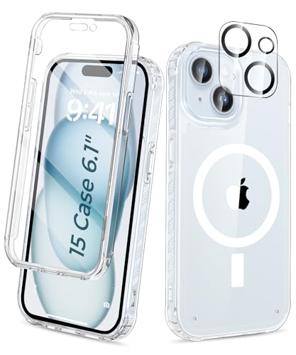 Compatible with iPhone 15 Case Clear, Built-in Screen Protector, with Camera Lens Protector, [Compatible with MagSafe] Full Body Phone Case, Magnetic Protective Cover for 15 6.1" (Clear) - color: Magnetic Clear, size: iPhone 15 6.1"