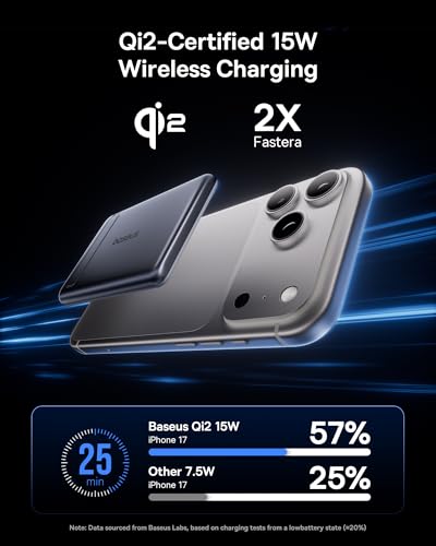 Baseus Picogo Power Bank, Smallest Qi2 Certified 15W MagSafe Portable Charger, 0.5" Ultra Slim 5000mAh Magnetic Battery Pack with Stand, Alloy Wireless Charger for iPhone 17 Pro Max/17 Air/17e Series - color: Grey