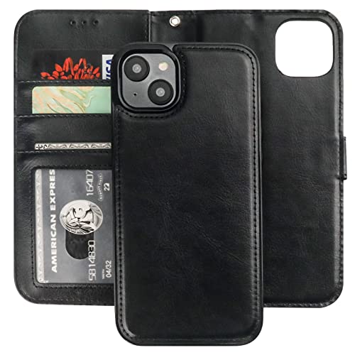 Bocasal Detachable Wallet Case Card Holder for iPhone 14 Plus, Black | RFID Blocking Kickstand Card Slots Holder PU Leather Magnetic Shockproof Wrist Strap Removable Flip Protective Cover 6.7 inch - color: Black