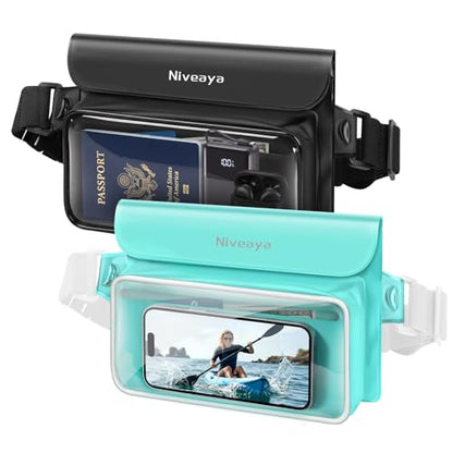 Niveaya IPX8 Floating Waterproof Fanny Pack Holds Phone, Passport & Cash | Large Capacity Touch Screen Adjustable Waist Strap for Kayaking, Paddle Boarding, Waterpark & Swimming Essentials - color: Black&Green