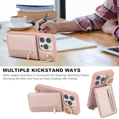 Crossbody Wallet Case for iPhone 12 Pro Max, with Card Slots Zipper Pocket Case, Flip Folio Purse RFID Blocking with Ring Kickstand Detachable Strap-Pink - color: Pink, size: iPhone 12 Pro Max(6.7")