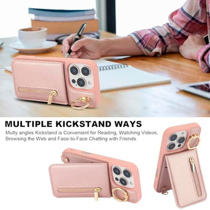 Crossbody Wallet Case for iPhone 12 Pro Max, with Card Slots Zipper Pocket Case, Flip Folio Purse RFID Blocking with Ring Kickstand Detachable Strap-Pink - color: Pink, size: iPhone 12 Pro Max(6.7")