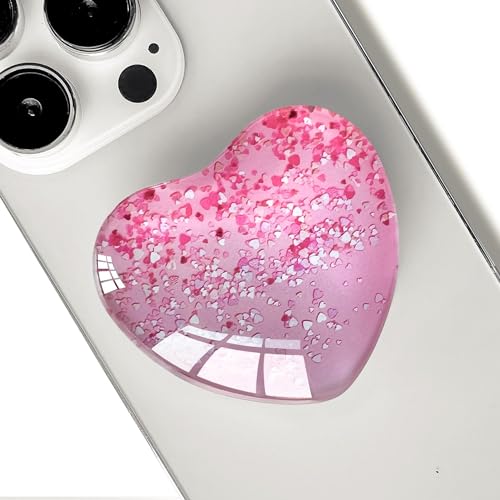 Expandiing Moblile Cell Phone Grip Heart Shape Glass Holder for Smartphones, Cellphone Collapsible Stand（ Pink Red