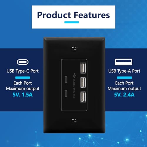 LIDER 6.0A 30W USB A&C in-Wall Charger, Wall Plate Included, Matte Black - color: Black, size: USB 3A2C Ports