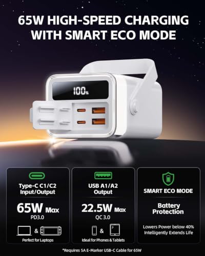 65W Power Bank 40000mAh Laptop Portable Charger Battery Pack - White - color: Glacier White