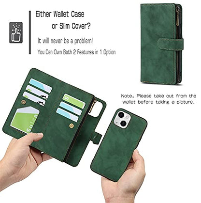 iCoverCase Compatible with iPhone 13 Wallet Phone Case with Card Holder, PU Leather Zipper Pocket Magnetic Detachable Flip Case with Wrist Strap (Green) - color: Detachable--Green