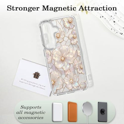 for Samsung Galaxy S26 Magnetic Case【Compatible with MagSafe】 Aesthetic Oil Painting Stained Glass Flower Design, Slim Fit Hard PC Back Shockproof Cute Clear Phone Cover, Light Pink - color: Light Pink, size: Galaxy S26