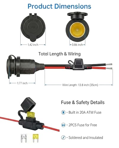 2-Pack 1FT 13AWG 12V Waterproof Cigarette Lighter Socket Extension Outlet - size: 1FT(2pack)