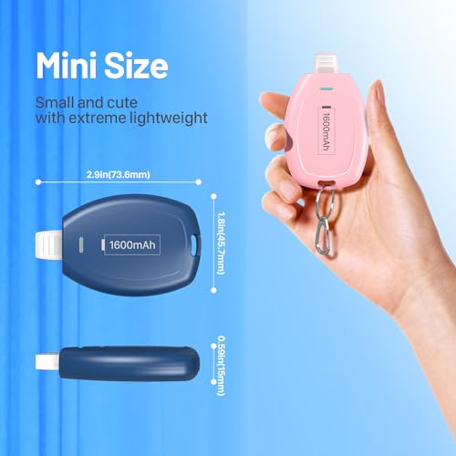 (2-Pack USB C Keychain Portable Charger, 1600mAh Mini Power Bank Ultra-Compact Battery Pack Power Emergency pod for iPhone 17/16/15 / Android Type-C Phones Samsung, Pixel, Moto etc-Pink&Blue