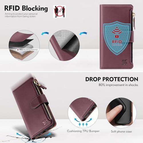 Shieldtop Compatible with Samsung Galaxy A37 5G Wallet Case with Card Holder,PU Leather Phone Case Flip Protective Cover Wrist Strap Zipper Credit Card Slots RFID Blocking Women Men,Wine Red - color: Wine Red