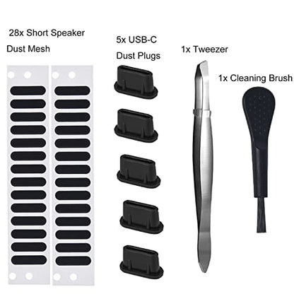 5PCS USB C Dust Plug & 28x Phone Speaker Mesh Dustproof Adhesive Stickers for iPhone Duo /18/17/16/15 Pro Max, Samsung Galaxy S23, S22, S21, Type-C Port on Smartphone, Anti Dust Kit with Tweezers