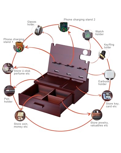 Nightstand Organizer with Drawer Built in 4 USB Quick Charger, Wood Phone Docking Station with Dual Phone Charging Station for Apple Android Phones Anniversary Birthday Gifts for Men Dad Hunsband Mom