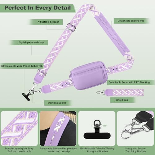 YFWE Clip and Go Strap for Phone with Wallet Crossbody, Adjustable Phone Lanyard with Detachable RFID Wristlet Wallet, Pattern Strap, Purple (M) - color: Purple-pattern Strap, size: Medium