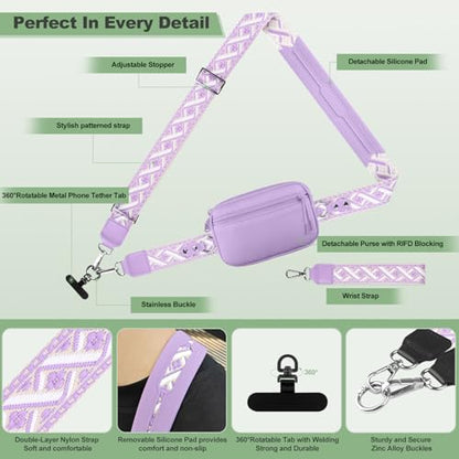 YFWE Clip and Go Strap for Phone with Wallet Crossbody, Adjustable Phone Lanyard with Detachable RFID Wristlet Wallet, Pattern Strap, Purple (M) - color: Purple-pattern Strap, size: Medium