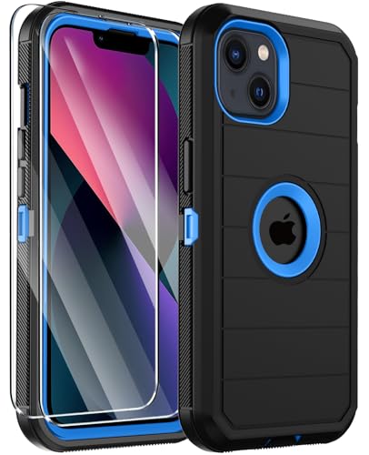 for iPhone 14 Case & iPhone 13 Case, Military-Grade Drop Protection 3-Layer Rugged Shell with Screen Protector, Full-Body Non-Slip Shockproof Heavy Duty Protective Bumper Phone Cover (Black Blue) - color: Black Blue
