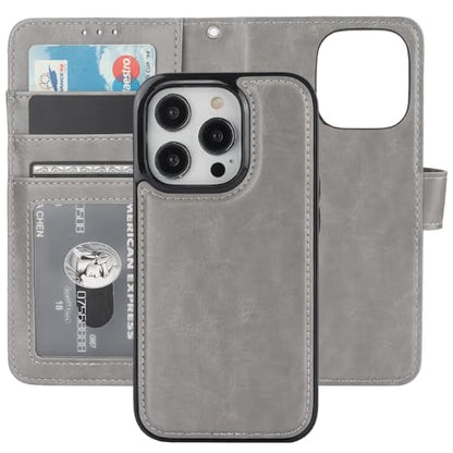 Bocasal Detachable Wallet Case Card Holder for iPhone 14 Pro, Grey | RFID Blocking Kickstand Card Slots Holder PU Leather Magnetic Shockproof Wrist Strap Removable Flip Protective Cover 6.1 inch - color: Gray