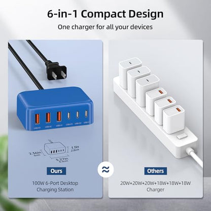 100W 6 in 1 USB Charger, 50% Smaller Charging Station for Multiple Devices - color: C-Blue