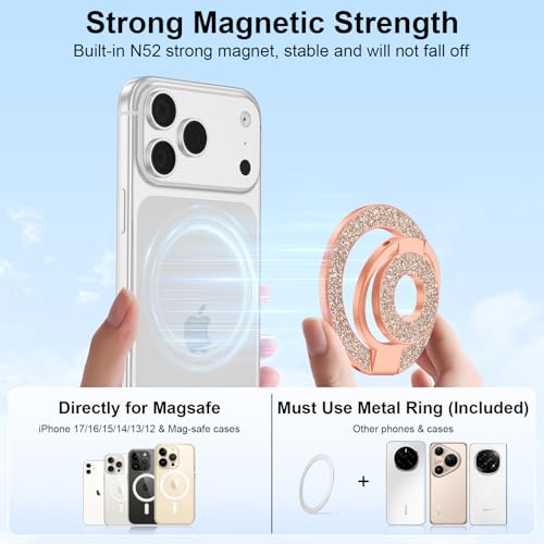 Magnetic Phone Ring Holder Stand for MagSafe Grip, Double Sided Adjustable - color: Rose Gold