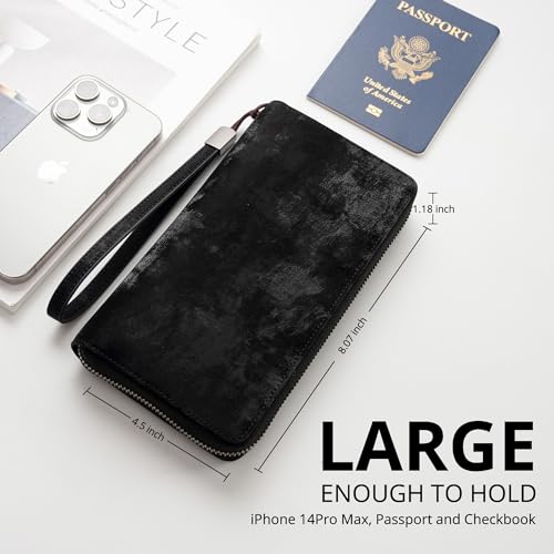 Bveyzi Women RFID Blocking Wallet Leather Zip Around Phone Clutch Large Capacity Ladies Travel Purse Wristlet - color: Midnight Black