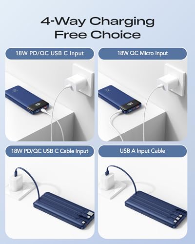 Orfeika 20000mAh Power Bank, Portable Charger with 4 Built-in Cables - color: Navy Blue