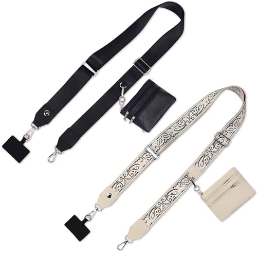 2pcs Clip and Go Strap for Phone with Wallet Crossbody Strap with Pouch - color: Beige+black