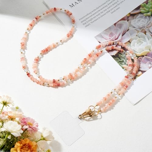 WOZEAH Crystal Cell Phone Lanyard Crossbody Strap for Women, Beaded Phone Strap for Cellphone Case with Tether Tab - color: Pink Marble