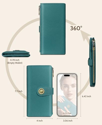 GIANCOMICS Teal Blue Womens Wallet RFID Blocking, Credit Card Holder Bifold | Billfold, Cute Cash Purse, Travel Zipper Coin Pocket, Compact Clutch, PU Leather, ID Window, 11 Card Slots, Ladies Gift Woman - color: A Solid Teal