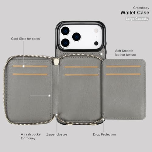 Bocasal Crossbody Wallet Case Card Holder for iPhone 17 Pro Max Grey | RFID Blocking PU Leather Zipper Handbag Purse, Kickstand Flip Folio Case with Card Slots Holder Wrist Strap Lanyard 6.9 Inch - color: Gray