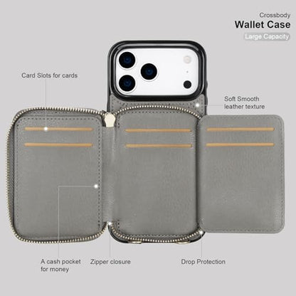 Bocasal Crossbody Wallet Case Card Holder for iPhone 17 Pro Max Grey | RFID Blocking PU Leather Zipper Handbag Purse, Kickstand Flip Folio Case with Card Slots Holder Wrist Strap Lanyard 6.9 Inch - color: Gray