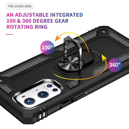 Case for Oneplus 9 Pro Military Grade Shockproof Cell Phone Cover with Kickstand and 360° Rotating Ring, Magnetic Car Mount Compatible, Hard Heavy Duty Armor Protective Shell (Black)