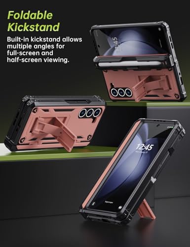 KJSK for Samsung Galaxy Z Fold 5 Case,with S Pen Holder+Belt Clip Holster+Built-in Kickstand+Hinge Protection,Heavy Duty Military Grade Drop Proof Case for Galaxy Z Fold 5(Rose Gold) - color: Rose Gold