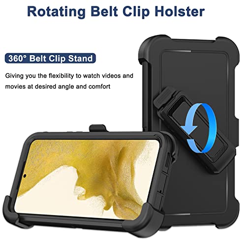 for Samsung Galaxy S22 Case with Belt Clip Holster, 2X Screen Protector, [Military Grade Protection] Heavy Duty Full Body Shockproof Dust-Proof Rugged Protective Cover for Samsung S22 5G Black - color: Black