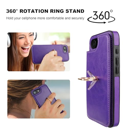 ONETOP for iPhone 17e/16e Wallet Case with Credit Card Holder,Purple | 360° Rotation Ring Kickstand,Finger Grip,Double Magnetic Clasp,RFID Blocking PU Leather Shockproof Cover for Women Men - color: Purple
