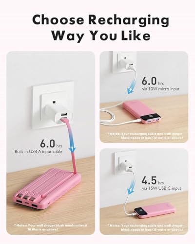 charmast Portable Charger with Built-in Cables X 4, Portable Phone Charger - color: Pink