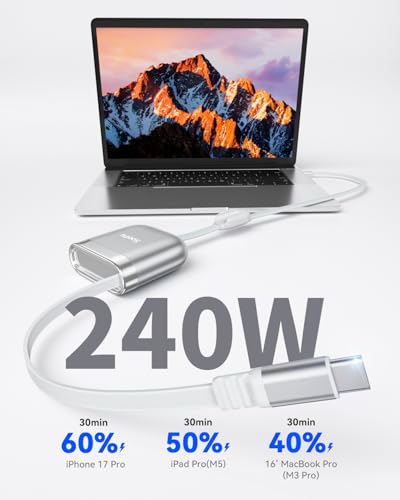 SOOPII 240W Single-Pull Retractable USB C to USB C Cable, 3.71FT, Silver - color: Silver, size: 3.71FT-1 Pack