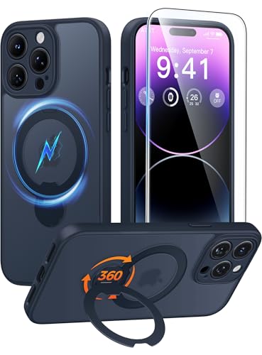 FNTCASE for iPhone 14 Pro Max Case with 360 Spin Magnetic Stand Deep Blue | Compatible with Magsafe,Screen Protector,Full Camera Protection,Translucent Matte Military Grade Shockproof Phone Cover - color: Deep Blue, size: For Iphone 14 Pro Max 6.7 Inch