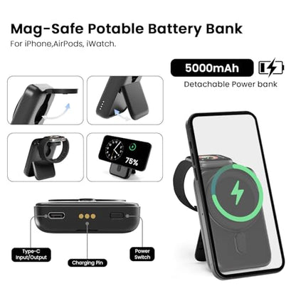 SUPERV 4 in 1 Wireless Charging Station: 5000mAh Removable Power Bank Foldable Charging Stand - Portable Magnetic Battery Pack for iPhone 17/16/15/14/13/12 Series and Apple Watch/AirPods (Black) - color: 4-in-1 Black