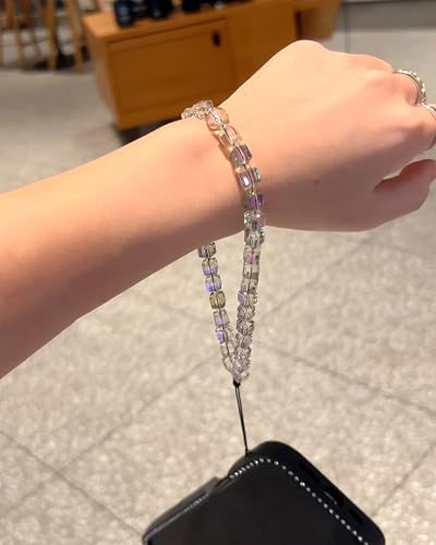 Crystal & Pearl Phone Charm Wrist Strap, Beaded Lanyard Wristlet Chain, Hands-Free Bracelet Strap for Phone Cases - color: Cube-purple
