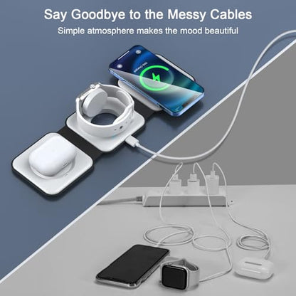 3 in 1 Wireless Charging Station for Apple,Foldable Magnetic Travel Charger - color: moon white