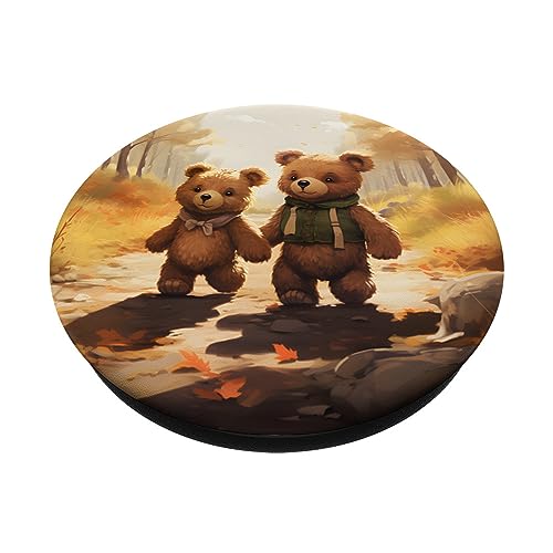 Teddy Bears Walking in Autumn Forest Holding Hands PopSockets Adhesive PopGrip - style: Adhesive PopGrip