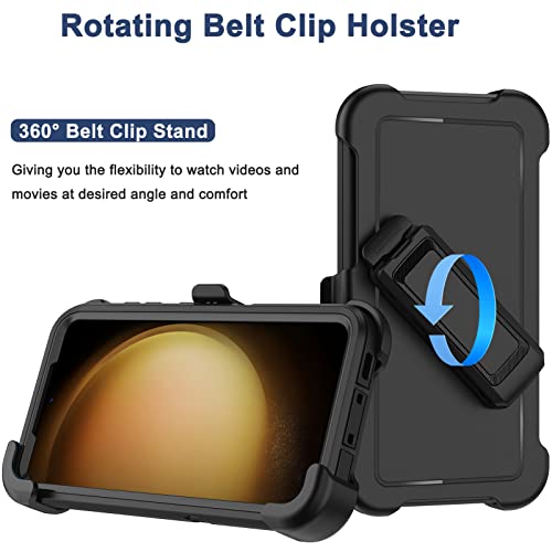for Samsung Galaxy S23 Case with Belt Clip Holster, 2 x Screen Protector, Heavy Duty Military Grade Full Body Shockproof Dust-Proof Rugged Protective Cover for Samsung S23 5G (Black) - color: Black