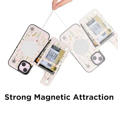 uCOLOR for iPhone 13/14 Wallet Case Magsafe with Card Holder Slot | Compatible with MagSafe,Folio Flip PU Leather Magnetic RFID Design, with Camera Lens Protector, Nude Wild Flower - color: Nude Wild Flower